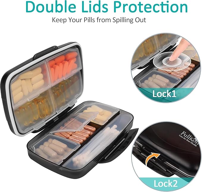 Travel Pill Organizer Large Portable Medication Fullicon Oversize 8 Compartment Pill Box, Vitamin Travel Case Pill Holder - Airtight & Moistureproof (Black) | Moisture Proof, Travel, Easy Open, Holds 14-17 Fish Oils, 20-35 Capsules or 13-21 Vitamins, C...