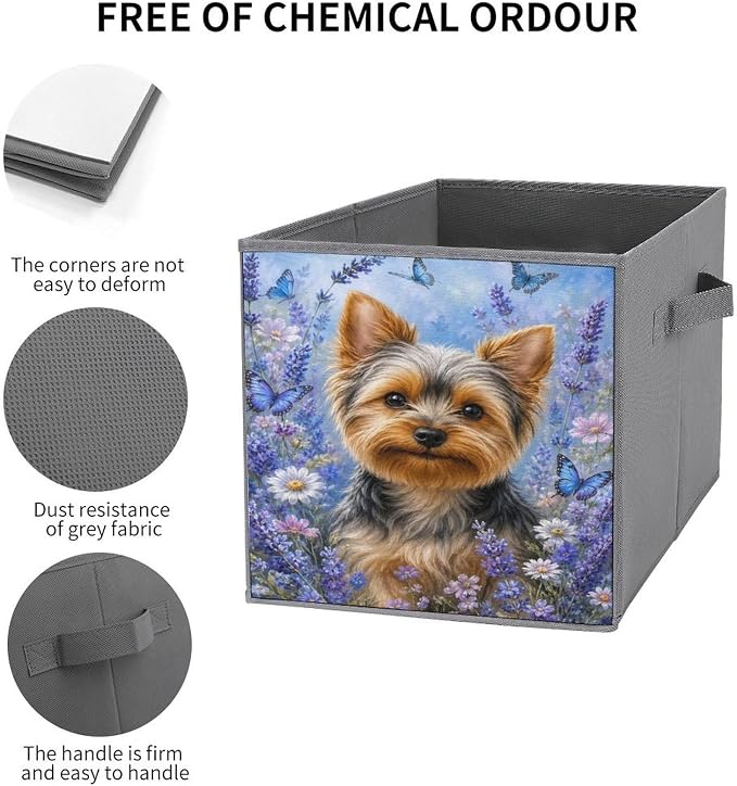 Yorkie Dog Lavender Butterflies Garden Storage Bin with Handles, Oxford Fabric Foldable Storage Cube Organizer for Clothes, Towels, Bedroom, Living Room, Home Organization