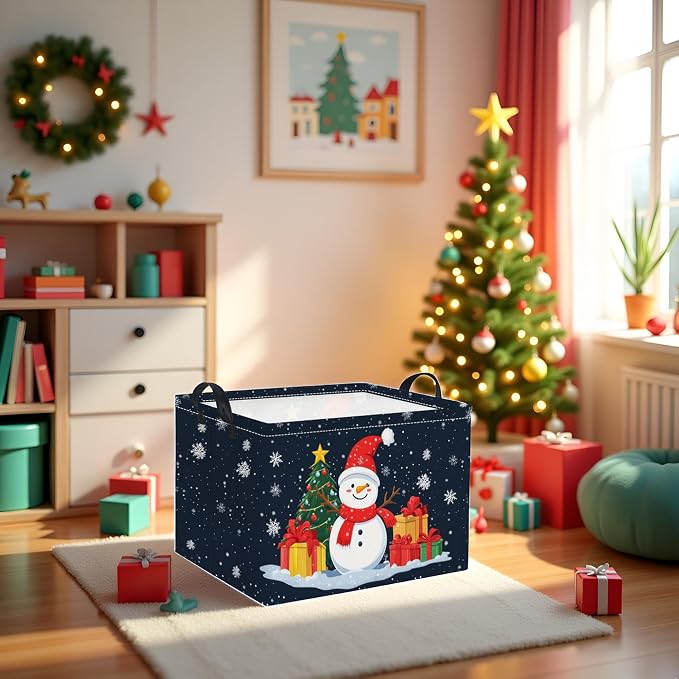 Rectangular Christmas Basket Trick or Treat Spooky Boo Basket with Handles for Women Girls Cute Storage Bin Organizer(Snowman)
