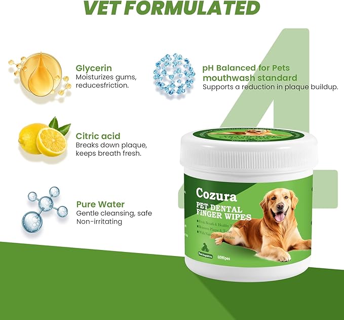 Dog Dental Wipes for Teeth Cleaning - Removes Plaque & Tartar, Effective Toothbrush & Toothpaste Alternative Kit Finger Pet Dental Care Pads, Fresh Breath for Dogs & Cats - 60ct, Unscented