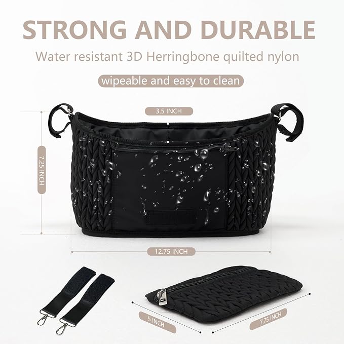 Stroller Organizer - Stylish Quilting Nylon, Universal Fit, Detachable Bag, Adjustable Multi-Storage for Baby Stroller and Pet Stroller（Black-A