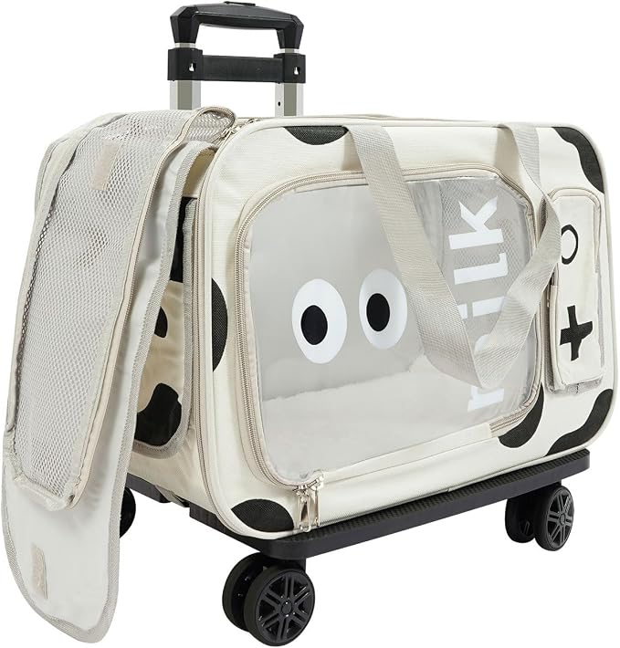 Pet Trolley Bag with Wheels & Retractable Handle, Cow Print Pet Carrier for Cats Small Dogs, Foldable Travel Carrier with Ventilation Windows, 22 Lb Capacity, Airline Approved Pet Bag