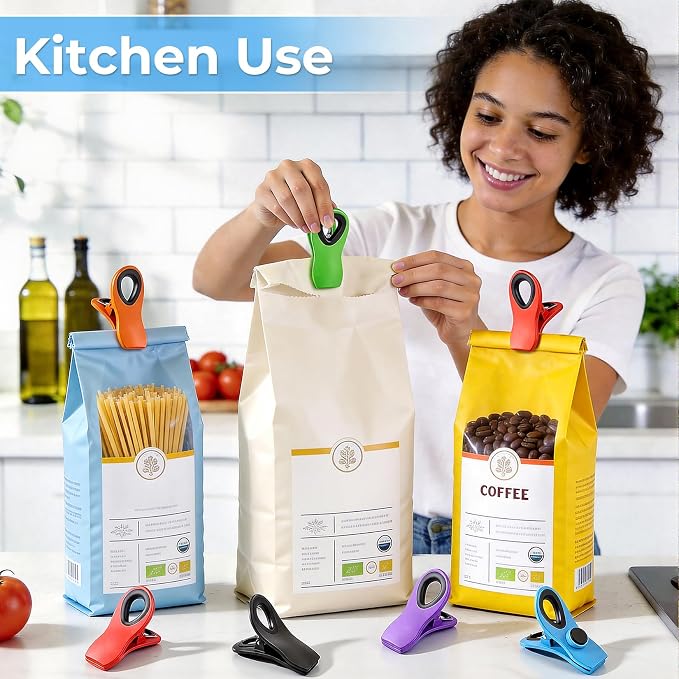 12 Pack Chip Clips, Bag Clips for Food, Magnetic Sealers for Chips and Other Food, Plastic Bag Clip for Kitchen, Fridge, Clothes, Sewing and Artwork (Multi-Color)