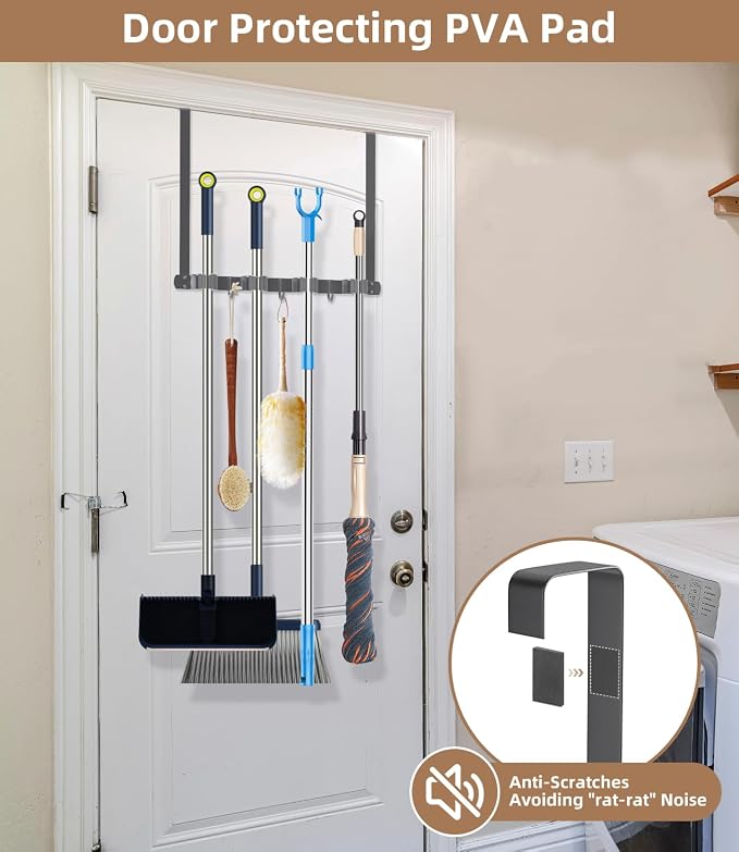 Broom Holder Over The Door with Hooks -304 Stainless Steel (Space grey) | Save Space, Anti-Rust & Sturdy, Mop and Broom Holder Wall Mounted or Hanging Over The Door, for Garage Laundry Kitchen