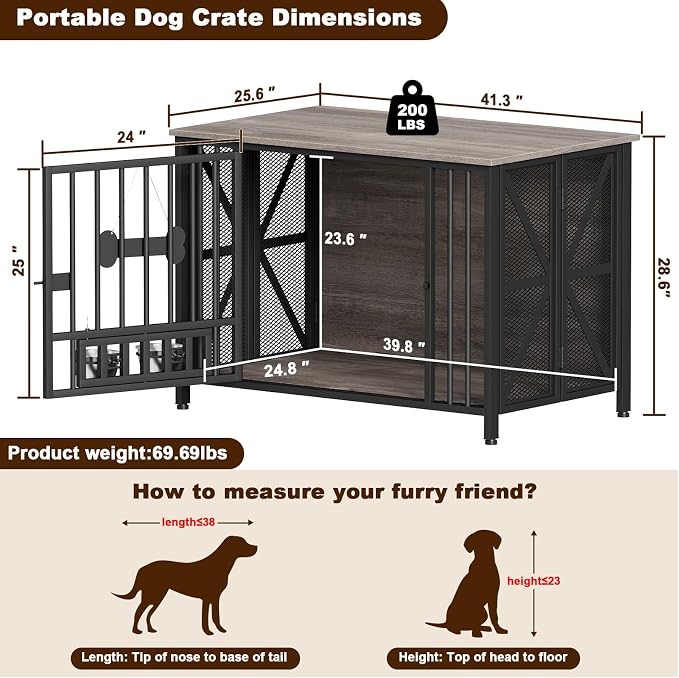 EasyCom Foldable Dog Crate Furniture, 41.3" Dog Crates for Medium/Large Dogs, Wooden Dog Kennel Indoor with Tag & Adjustable Bowls, Dog Cage Use as End Table/TV Stand, Oak Grey | Foldable Large Dog Crate Furniture for Large Dogs, Wooden Dog Cage Use as...