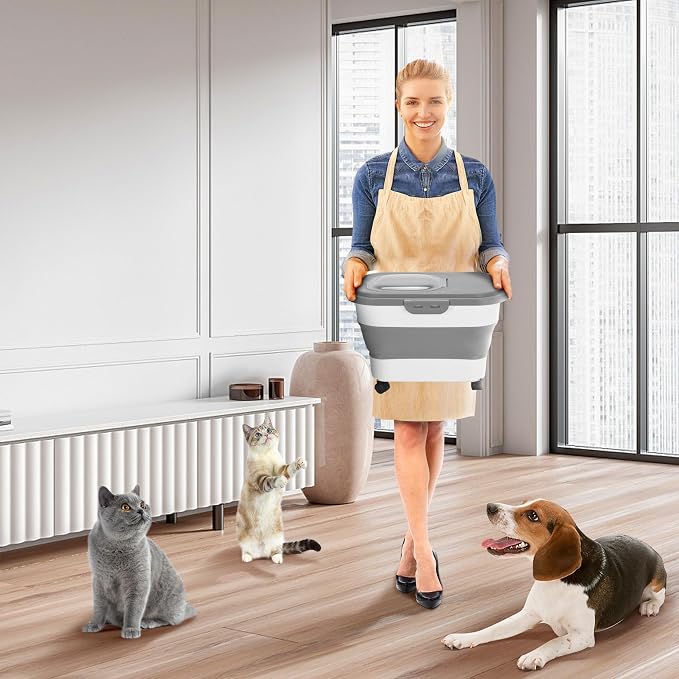 Dog Food Storage Container 17 lb, Airtight Pet Food Storage Containers with Wheels & Removable Sealed Lid, Collapsible Cat Food Containers Dry Food with Scoop and Measuring Cups