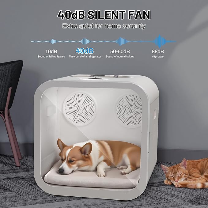 Automatic Pet Hair Dryer Box, 70L Dual Motor Fans Blower for Cats and Small Dogs, 360° Drying, Temperature Control, Self-Dryer Boxes with 4 Adjustable Speed Settings & 5 Drying Modes, 5 Towels, White