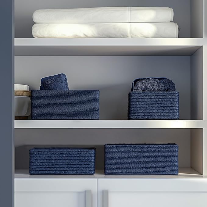 LA JOLIE MUSE Bathroom Basket Organizers, Paper Rope Storage, Blue 4 Pack