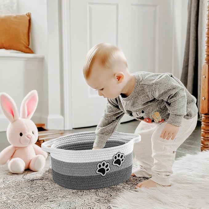 Small Woven Cotton Rope Nursery Organizer Bins, Dog Toy Basket Bins with Handle, Cute Empty Pet Gift Storage Baskets with Paw