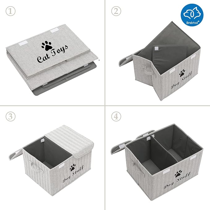 Large Dog Toys Storage Box Canvas Storage Basket Bin Organizer with Lid - Collapsible Linen Bin Ideal for Organizing Dog Cat Toys and pet Stuff-PP Boad-17" x 12" x 10" - Gray Stripe