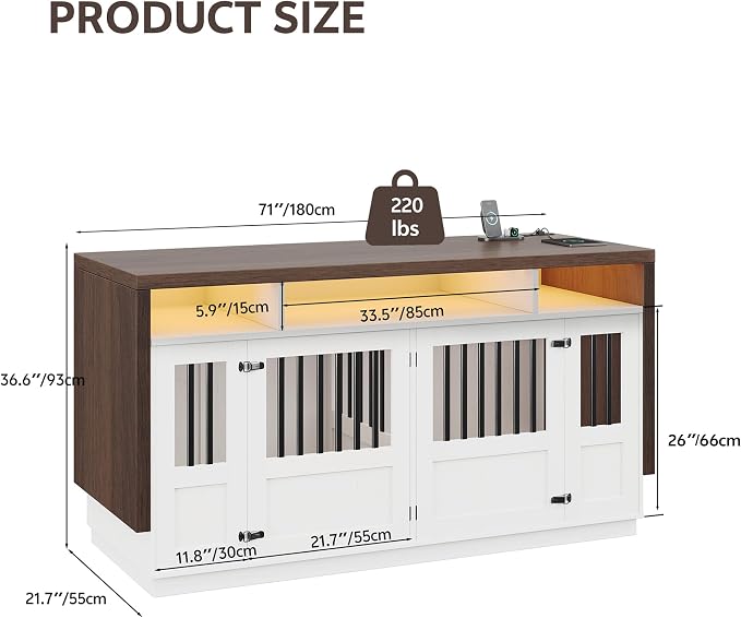 Furniture Dog Crate, 71" Double Dog Crate Furniture Brown & White | with Divider & Power Outlet, Heavy Duty Dog Kennel Furniture for Medium Dogs, Wooden Large Dog Crate with Storage