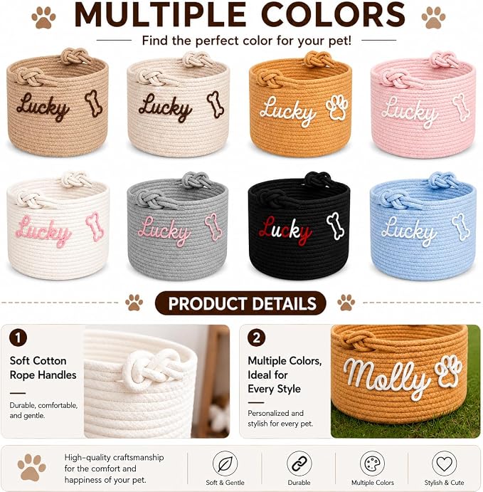 Personalized Dog Toy Basket with Name, Custom Puppy & Kitten Toy Storage Bins, Personalized Cute Handmade Cotton Rope Organizer for Snacks, Pet Supplies, Birthday Gifts Basket for Pets (A1)