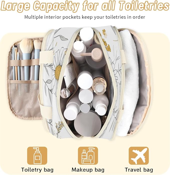 White Daisy Flower Travel Toiletry Bag for Women | Farmhouse Vintage Lightweight Waterproof Makeup Cosmetic Bag Large Tote Organizer for Traveling, Toiletries, Accessories