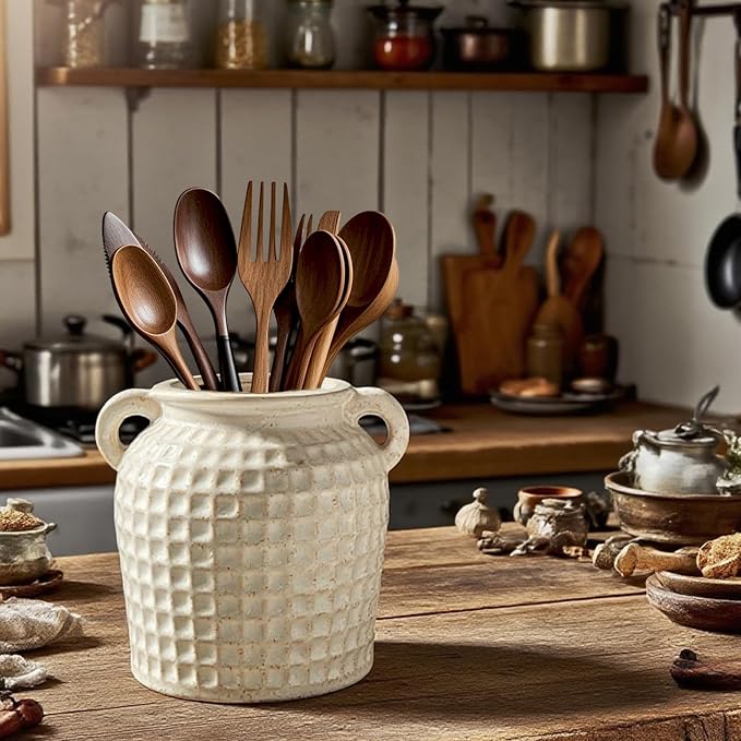 Rustic Ceramic Utensil Holder, 6.7" Kitchen Cooking Utensil Holder | Utensil Organizer Crock with Handle for Kitchen Counter, Vintage Farmhouse Home Decor, Flower Pot, Countertop Spoon Tools