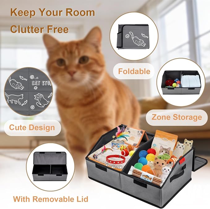 Sturdy MDF Cat Toy Box Storage with Lid, 19" Collapsible Cat Toy Bin with Handle, 600D Fabric Cute Pet Storage Basket Organizers for Pet Toys, Treats Clothes and Accessories - Grey (1 Pack)