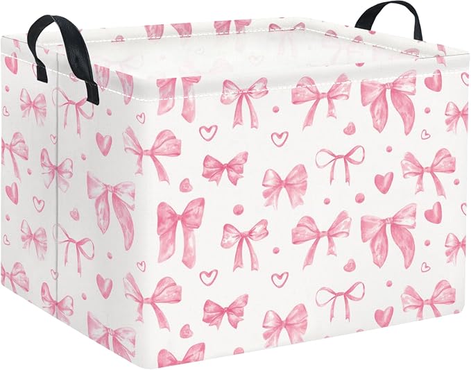 Rectangular Valentines Basket for Women Girls Storage Bin Organizer Box Shelf Room Decor(Heart Bowknot)