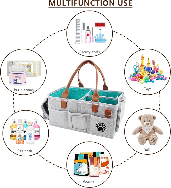 Felt Dog Grooming Bag,Portable Tote Bag for Dogs Cats,Dog Storage Organizer for Grooming Tool Kit,3 Compartments Pet Stuff Oganizers with 8 Pockets-Grey