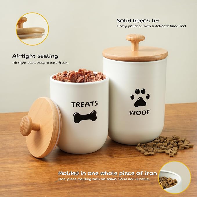 Dog Treat Container Set of 2, Dog treat jar with Airtight Lid, Small dog food container, Dog Cookie Jar for kitchen Counter, Treats Canister, Pet Treat Container 8.3x4.9 & 7.1x4.3 (White)
