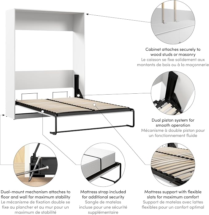 Bestar Full Murphy Bed, White, Claremont, 59W | Dual piston mechanism; for guest room or multipurpose space