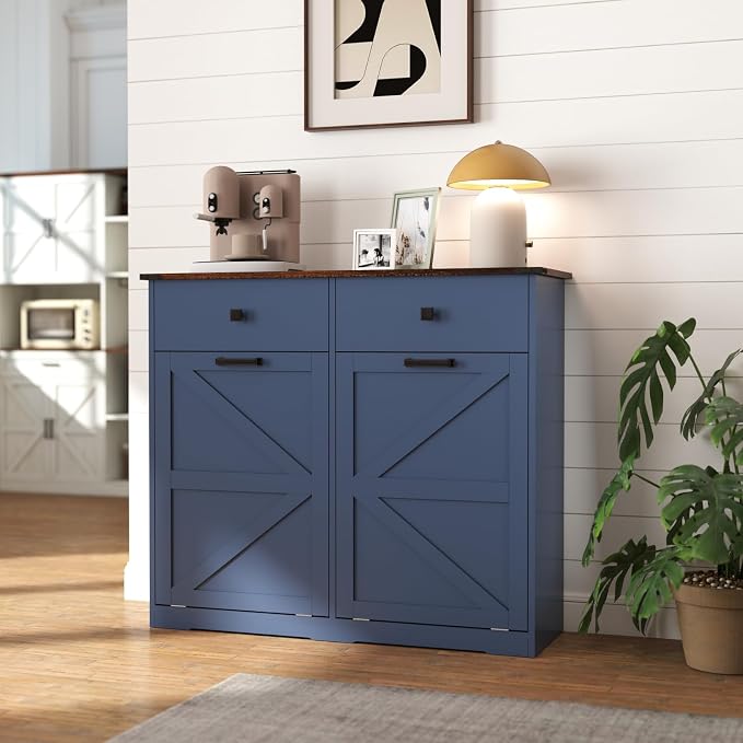 Double Tilt Out Trash Can Cabinet for 20 Gallon,Hidden Dual Laundry Cabinets with 2 Drawers & 2 Baskets, Barn Door Style Garbage Cabinet for Kitchen (Blue)