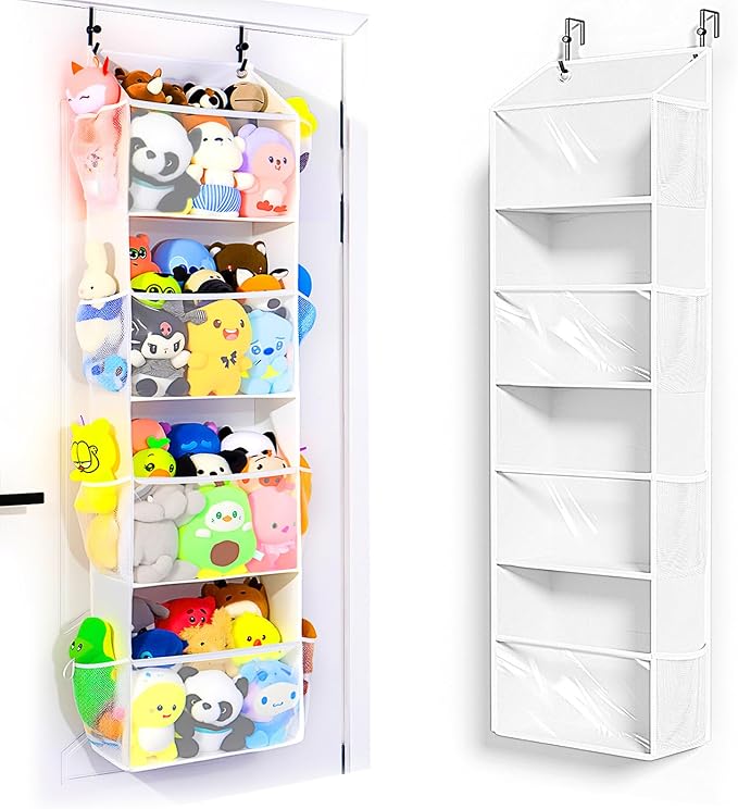 Over the Door Stuffed Animal Storage, Holds Up To 75 lbs, Easy View Over The Door Storage, Versatile For Stuffed Animal, ideal for Storing Small To Medium Items On Any Door.(White)