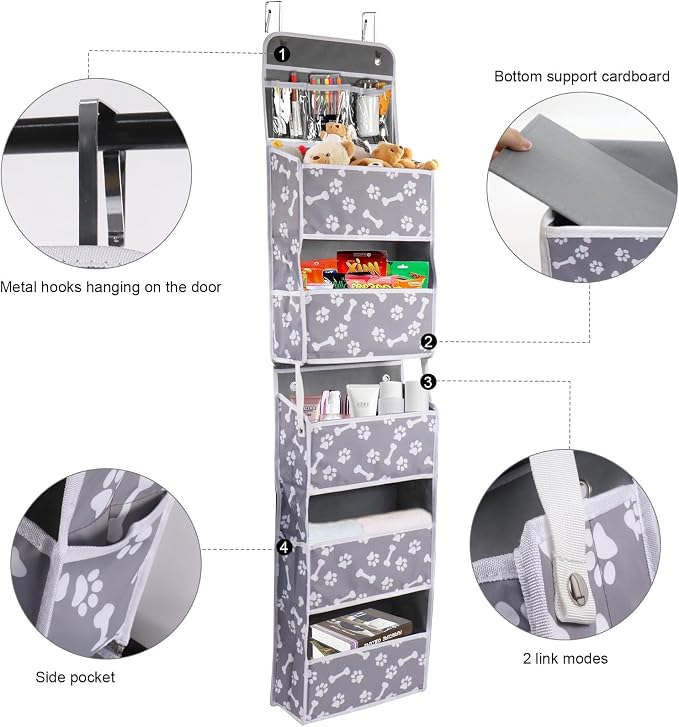 Dog Toy Basket,5-Shelf Hanging Organizer for Dog Toys,Over Door Basket for Dogs with 2 Metal Hooks,5 Pockets Organizer for Dog Leash Harness Toys Treats-62.5''(height)-Bone Claw Print