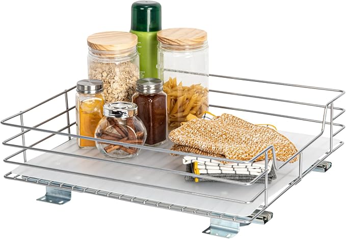 Household Essentials Brushed Steel Pull-Out Pantry Organizer with Plastic Liner, Nickel Finish