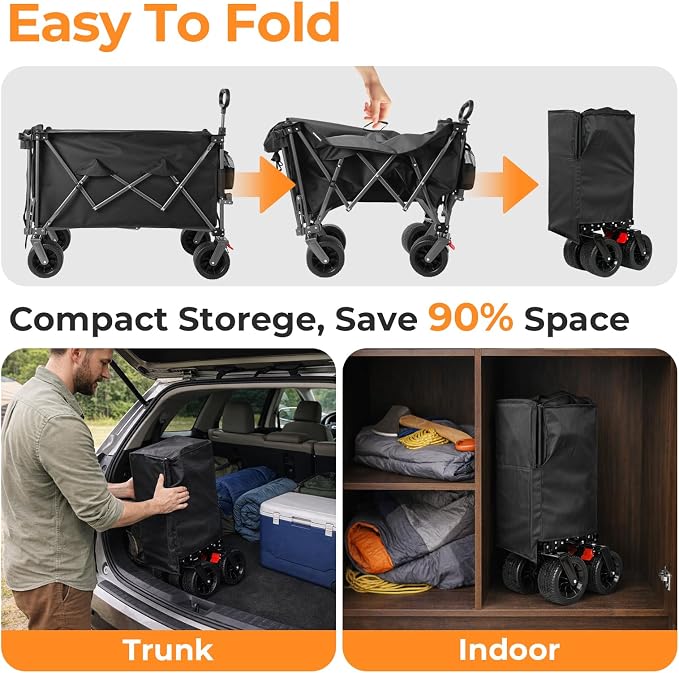 58" L Extender Collapsible Wagon, Extra Long with Tailgate | Foldable Wagon Cart, Heavy Duty Rolling Utility Cart with All-Terrain Big Wheels for Camping Shopping Sports Beach, Black