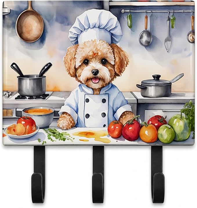 Caroline's Treasures Maltipoo The Chef Leash or Key Holder Wall Hooks, Key Hooks Holder, Coat Rack Wall Mount, Coat Hooks, Hooks for Hanging Keys, Towels, Aprons, Leashes | Maltipoo The Chef artwork on ceramic tile with three steel hooks for keys, leas...