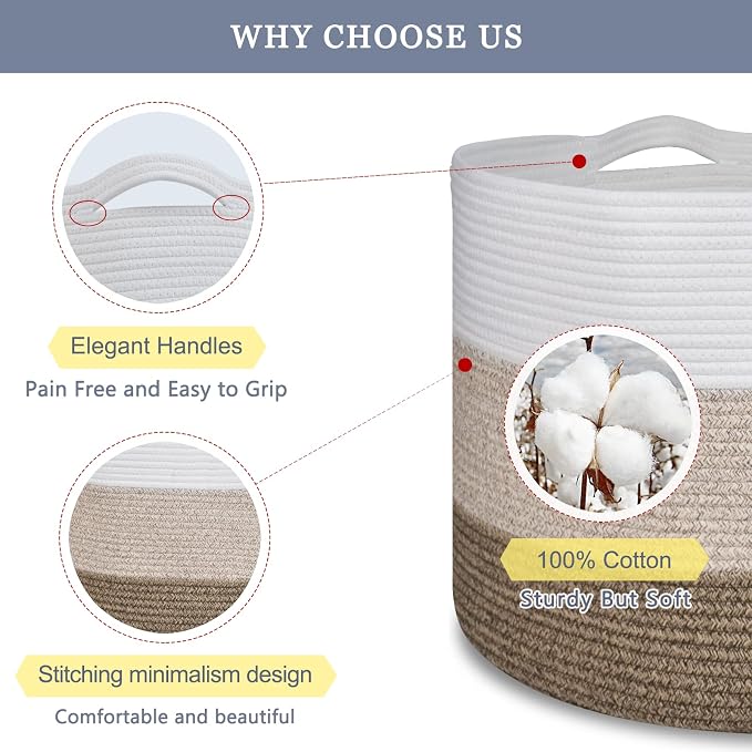 Cotton Rope Blanket Basket, 87L Laundry Hamper, White & Ombre Brown