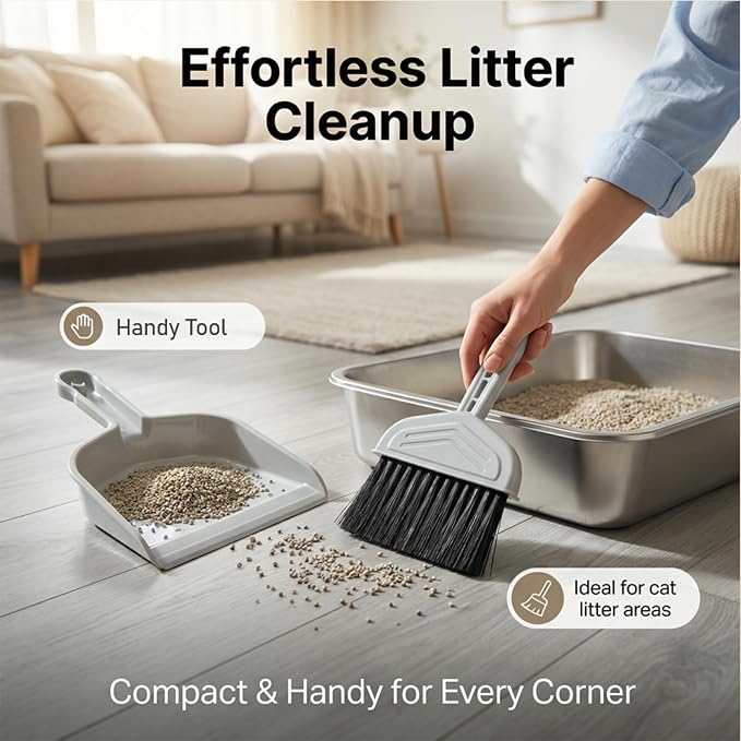 4-in-1 Cat Litter Scoop with Holder, Metal Litter Scoop Includes Portable Small Broom and Dustpan Set, Heavy Duty Stainless Steel Kitty Litter Scooper (Black)