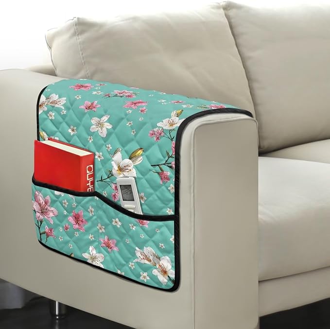 Floral Print Sofa Arm Covers Stretch Armrest Covers with Organizer Pockets Washable Couch Arm Cover Armchair Cover Anti-Slip Armrest Slipcovers Furniture Protector