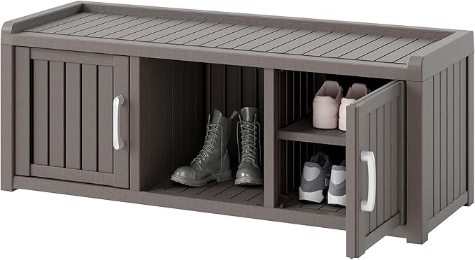 NUNU LAB Shoe Storage Cabinet, Waterproof Shoe Organizer with Adjustable Shelves, UV-Resistant Entryway Shoe Cabinet Bench with 2 Barn Doors for Indoor Outdoor, Foyer, Hallway, Living Room,Grey