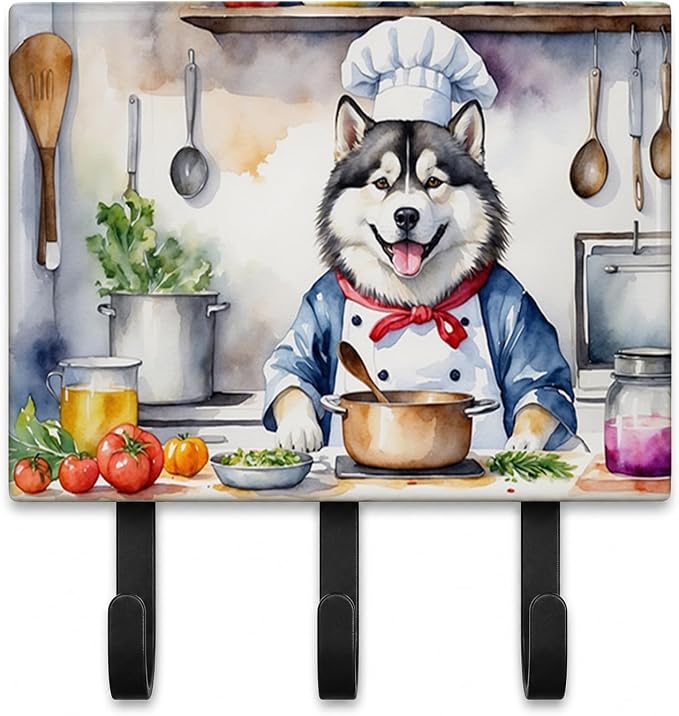 Caroline's Treasures Alaskan Malamute The Chef Leash or Key Holder Wall Hooks, Key Hooks Holder, Coat Rack Wall Mount, Coat Hooks, Hooks for Hanging Keys, Towels, Aprons, Leashes | Alaskan Malamute The Chef artwork on ceramic tile with three steel hook...