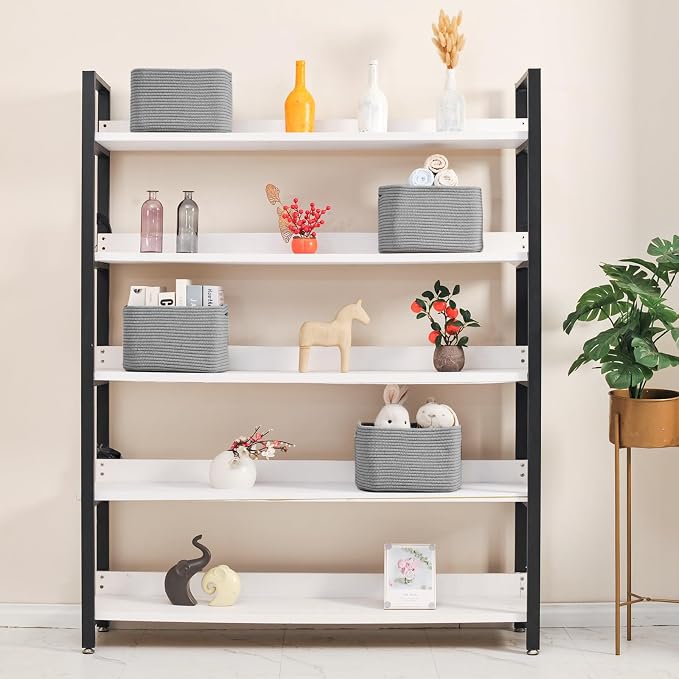 ICERZCZ Small Storage Baskets for Shelves Organizing, Woven Cotton Rope Baskets for Storage, Book Basket, Decorative Shelf Basket, 12.5"Lx9.1''Wx7.9''H (4 Packs) Grey