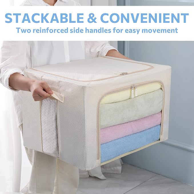 CYhom 3Pack Frame Storage Box - Clothes Storage Bin Bags Oxford Fabric Foldable Stackable Container Organizer Set with Clear Window & Carry Handles Large Capacity (Beige, Large-66L)