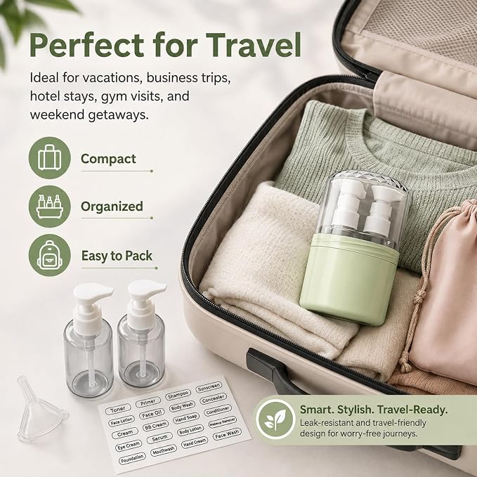 2-in-1 Travel Dispenser with 2 x 100 mL Bottles, Green | 2 refillable 100 mL bottles, pump , included label stickers, compact design for toiletries, travel, gym