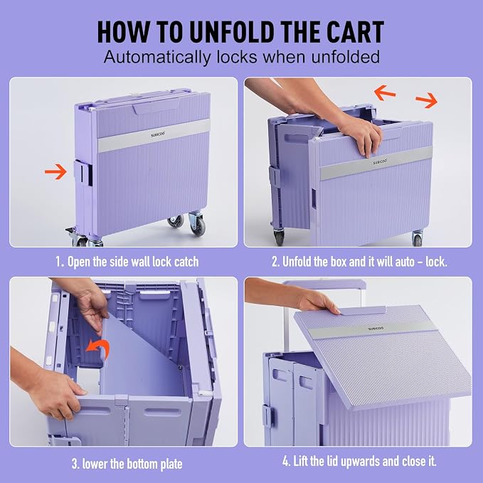 Folding Utility Cart Portable Rolling Crate Handcart Shopping Trolley Collapsible Tool Box, with Lid, on Rotate Wheels, for Grocery, Shopping, Office, Teacher, Camp,File (Purple)
