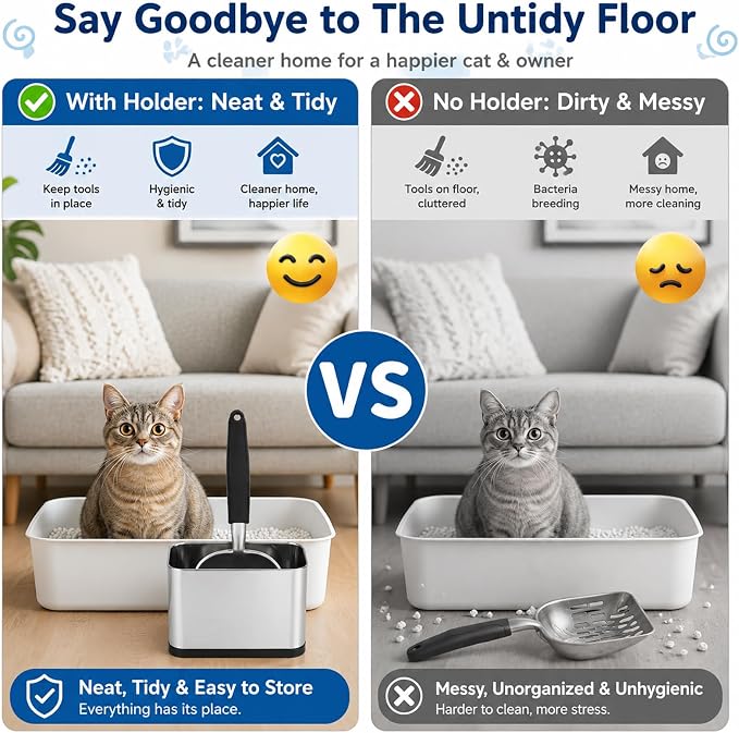 FHTONGE Stainless Steel Cat Litter Scoop Holder for Most Pet Poop Shovels | Detachable Easy Clean Metal Cat Scooper Caddy, Universal Pet Pooper Stand Trash Can Container,Kitten Waste Scoops Storage Box