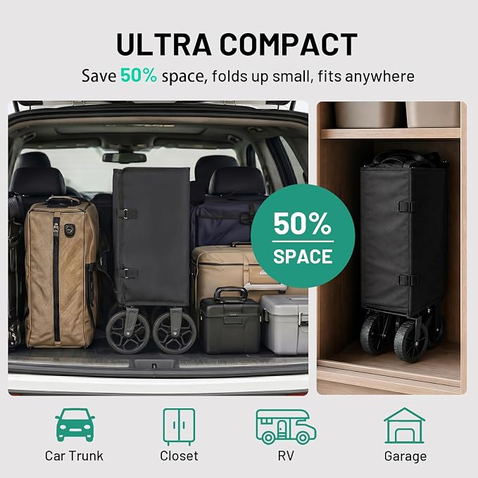 Overmont Ultra Compact Collapsible Wagon Cart, Lightweight Foldable Wagon with All Terrain Wheels, 120L Utility Wagon for Grocery Shopping, Daily Use, Camping & Sport | Shopping Cart with Wheels for Groceries Hauling Utility Wagon for Beach, Garden, Ca...