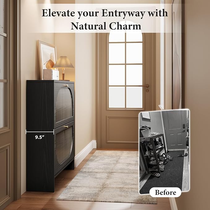 Shoe Cabinet Storage for Entryway, Narrow Shoe Rack 2 Flip Drawers with 3-Level Adjustable Shelves, 9.5" Slim Cabinet for Small Spaces, Midnight Black Wood Storage Cabinets Fits Size 12+