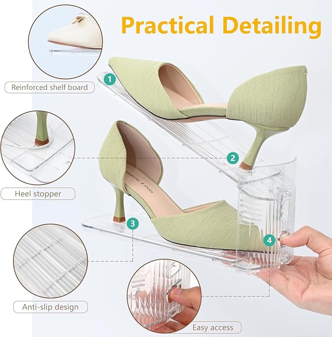 36-Pack Adjustable Shoe Slots Organizer for Closet, Clear | 36 transparent PET shoe stackers organize up to 36 pairs; 3 adjustable height levels for sneakers, heels, and flats.