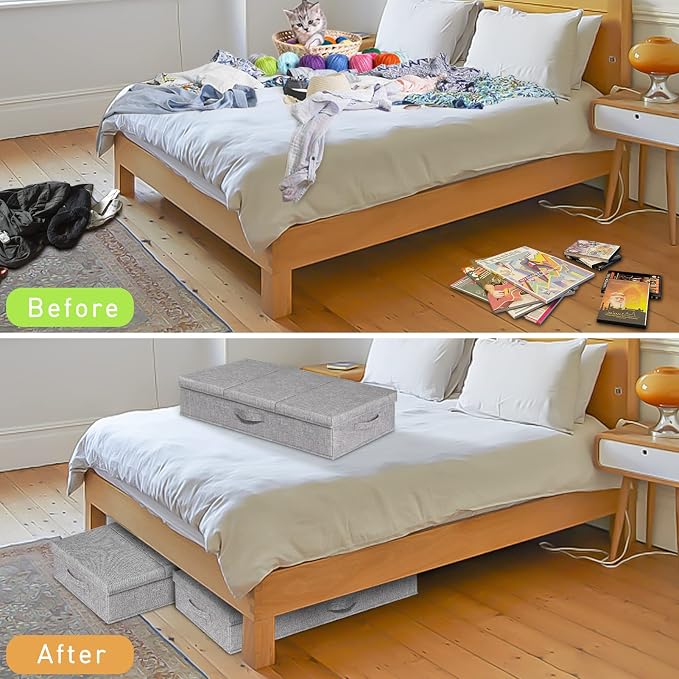 punemi 6 in Tall Under Bed Storage Containers with Firm Sides, 3Pack, Grey | Firm Sides, Top &Bottom, Stackable Design, for Blankets, Clothes & Toys, Underbed & Closet Organization