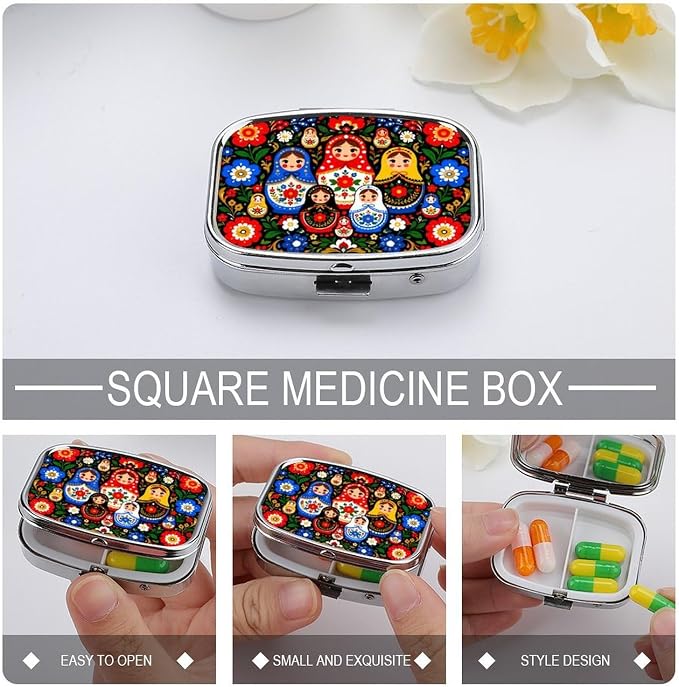 Matryoshka in Floral Harmony Two Compartment Pill Box Medicine Organizer, Portable Pill Case with Secure Snap Closure for Vitamins Medication Supplements Daily Use