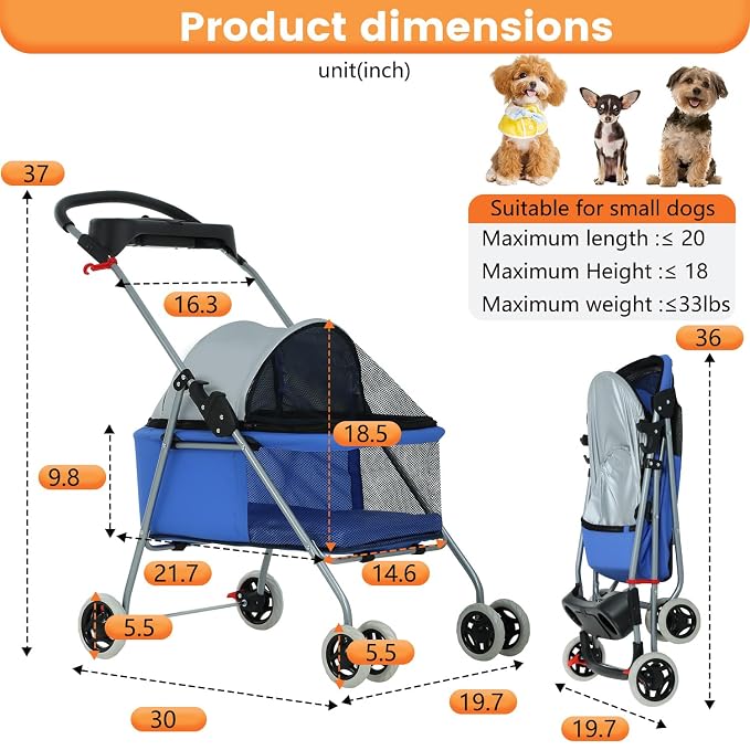 BestPet Foldable Pet Stroller for Small/Medium Dogs and Cats Up to 33 lbs | 4-Wheel Stroller Pet Strolling Cart w/ Breathable Mesh, Lockable Rear Wheels, Cup Holder/Tray & Storage Box for All-Season