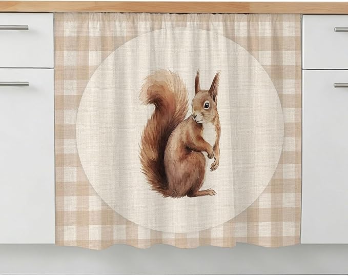 Squirrel Plaid Oven Skirt Curtain for Kitchen Decor 28"x35", Rustic Farmhouse Checkered Retro Animal Self Adhesive Stove Curtains Skirt Cabinet Curtains for Bathroom Laundry Room