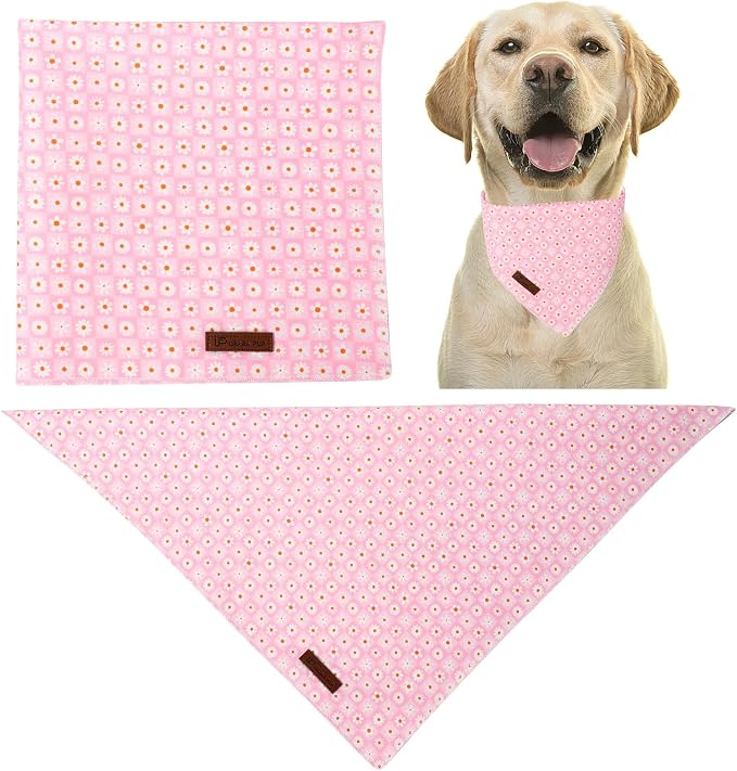 Summer Dog Bandana, UP URARA PUP Daisy Triangle Bid Scarf for Medium Large Dogs, Cotton Kerchief for Girl Boy Puppies, Cute Spring Pink Grid Bandana,L