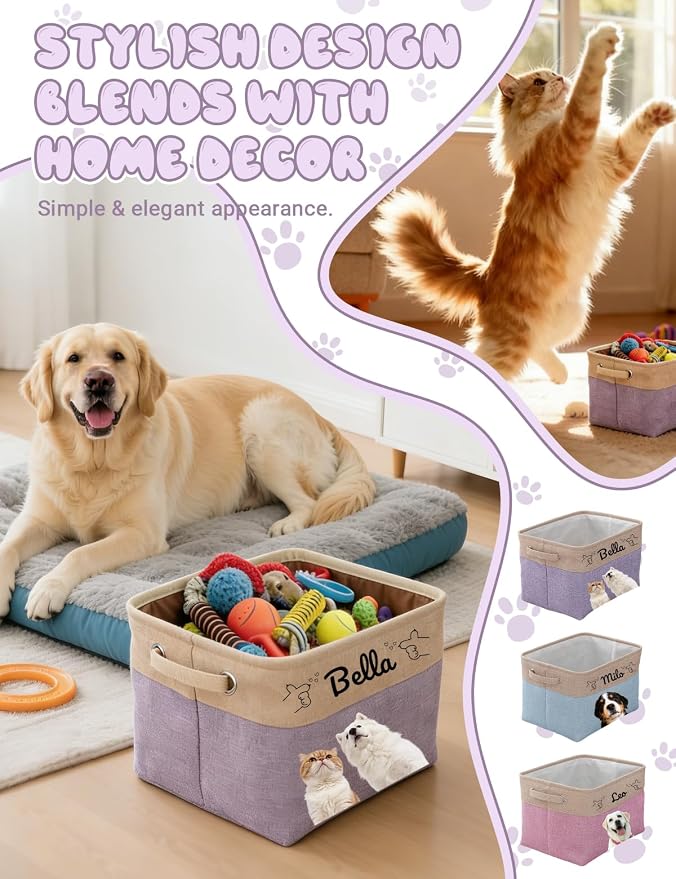 Personalized Dog Toy Storage Basket Bin with Pet's Name & Photo, Custom Collapsible Rectangular Organizer for Dog Cat Toys, Clothes, Blankets & Pet Supplies (Purple)
