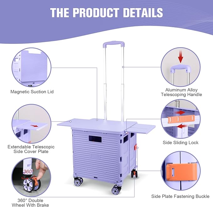 FELICON SELORSS Folding Utility Cart Portable Rolling Crate Handcart-Purple | Magnetic Sliding Lid,Telescoping Handle,Plastic Box Dolly,360°Swivel Wheels for Travel Shop Move Laundry Office Teacher Use