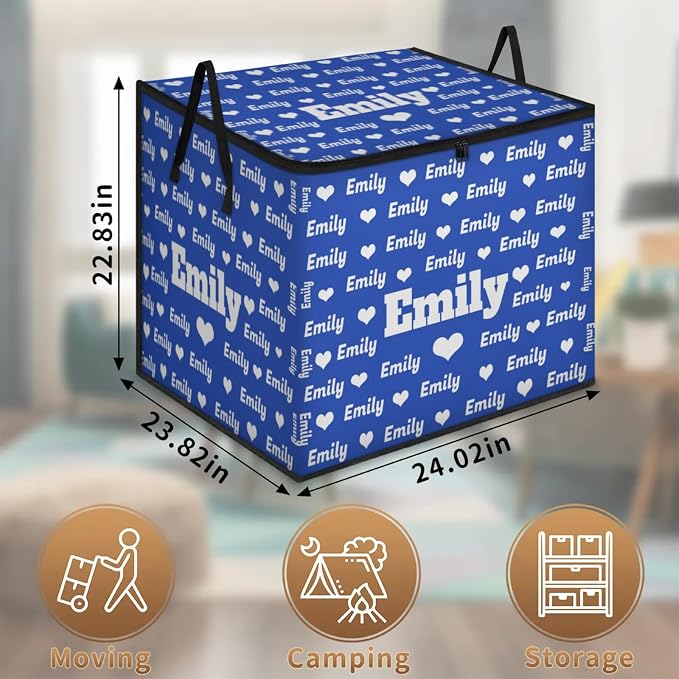 Personalized Extra Large Storage Basket with Lid, Comforters, Bedding Toys Navy Blue Love Heart Storage Bin with Handles for Home, Collapsible Basket for Clothes, Moving, Car Trunk